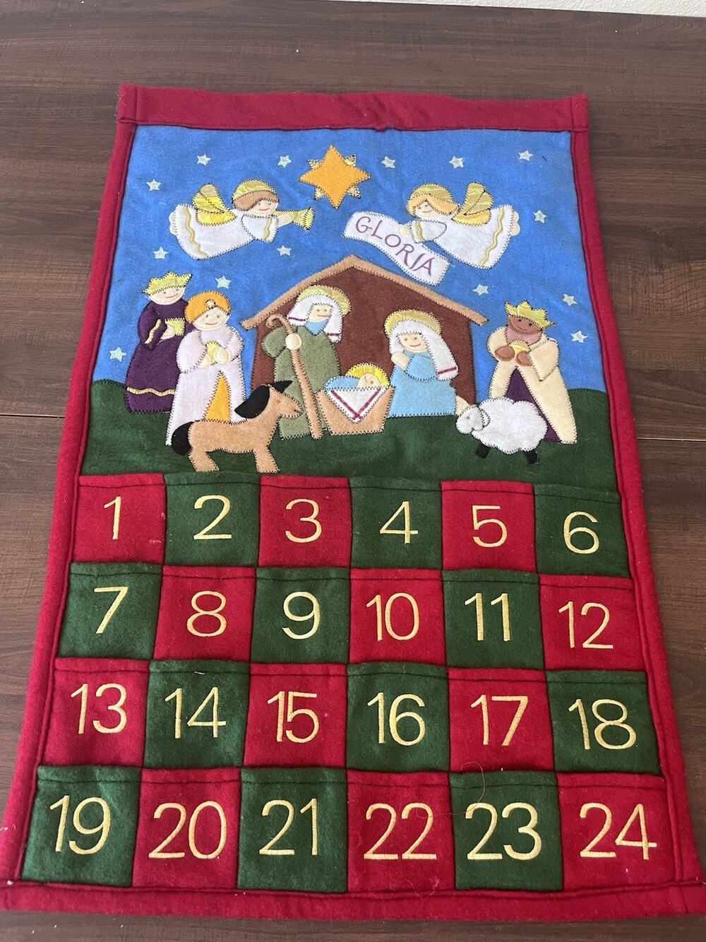 VTG Handmade 3D Felt Countdown To Christmas Nativity Advent Calendar Wall Decor